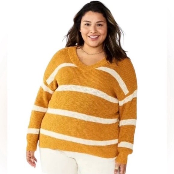 Plus Size 2X Sonoma Goods For Life Long Sleeve V-Neck Gold Striped Sweater - Picture 1 of 16